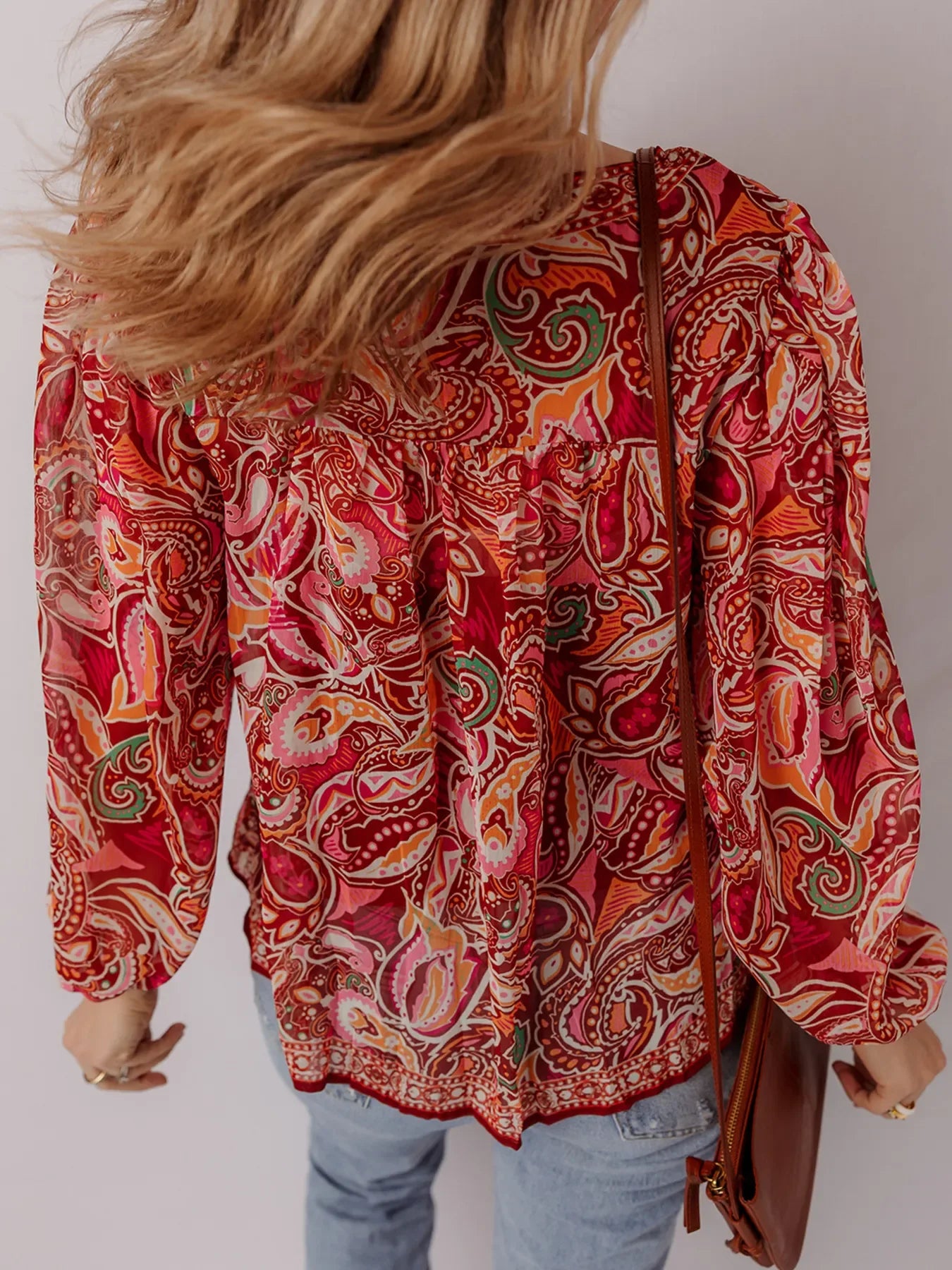 Multicolour Ethnic Paisley Print Tassel Tie Puff Sleeve Boho Blouse - Makw Official Site