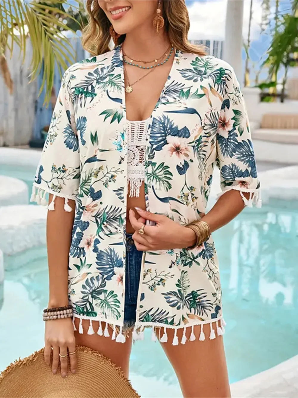 Tassel Printed Open Front Half Sleeve Cover-Up - Makw Official Site