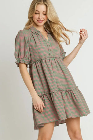 Umgee Full Size Plaid Frill Button Detail Ruffled Short Sleeve Dress Plus Size - Makw Official Site