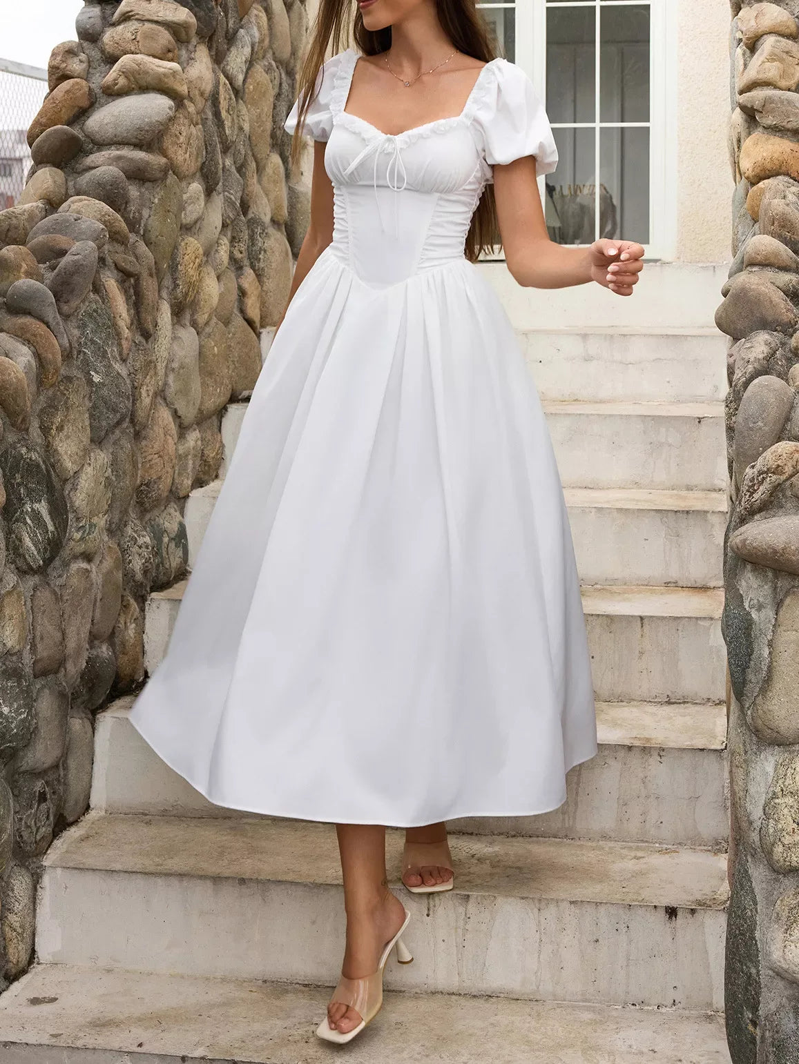 Sweetheart Neck Puff Sleeve Midi Dress - Makw Official Site