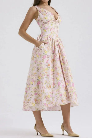 Floral V-Neck Sleeveless Midi Dress with Pockets - Makw Official Site