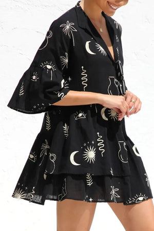 Ruched Printed Three-Quarter Sleeve Mini Dress - Makw Official Site