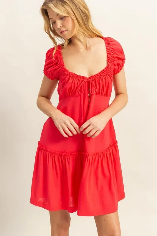 HYFVE Ruched Frill Tiered Short Sleeve Mini Dress - Makw Official Site