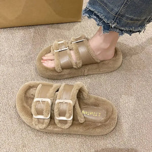 Fuzzy Buckle Detail Slippers - Makw Official Site