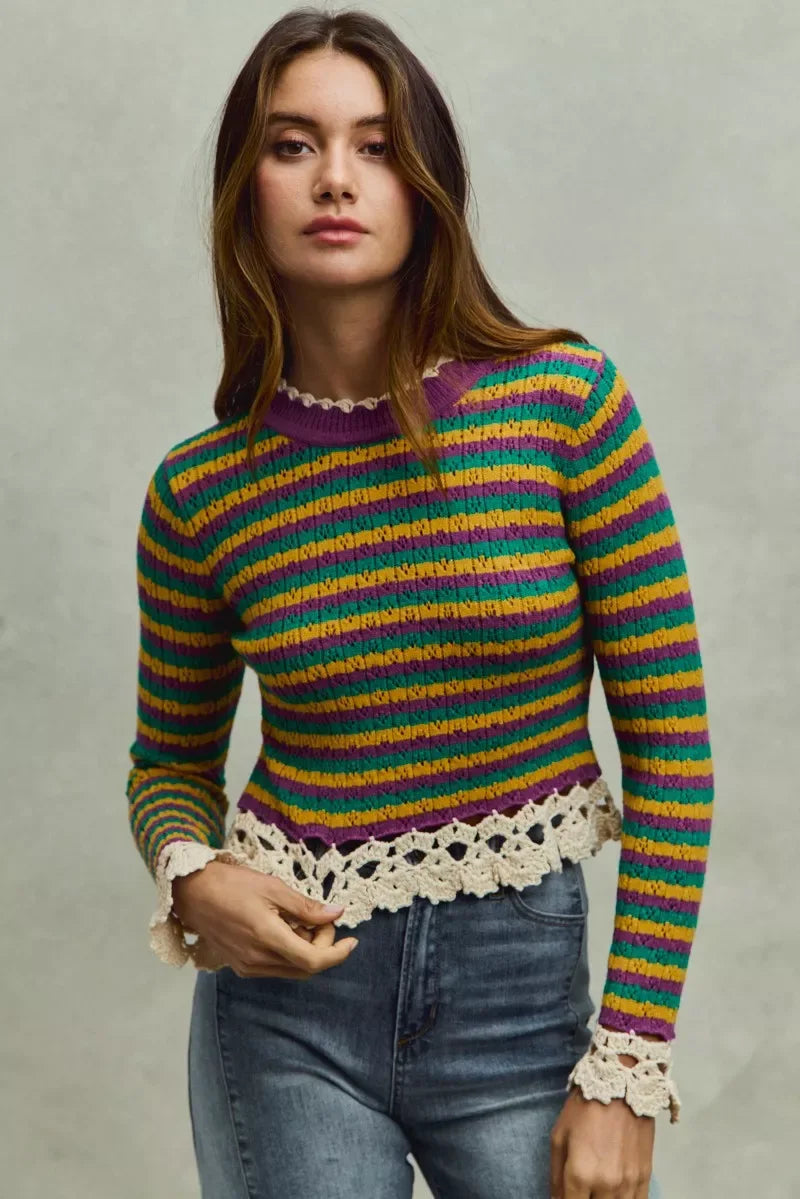 SO ME Mardi Gras Striped Cropped Knit Top with Crochet Edge - Makw Official Site