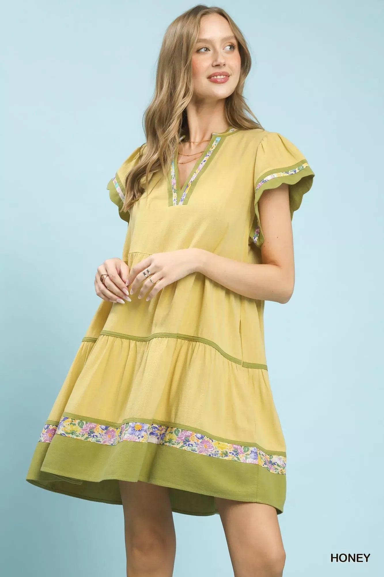 Umgee Linen Tiered Flutter Sleeve Dress with Floral Trim - Makw Official Site