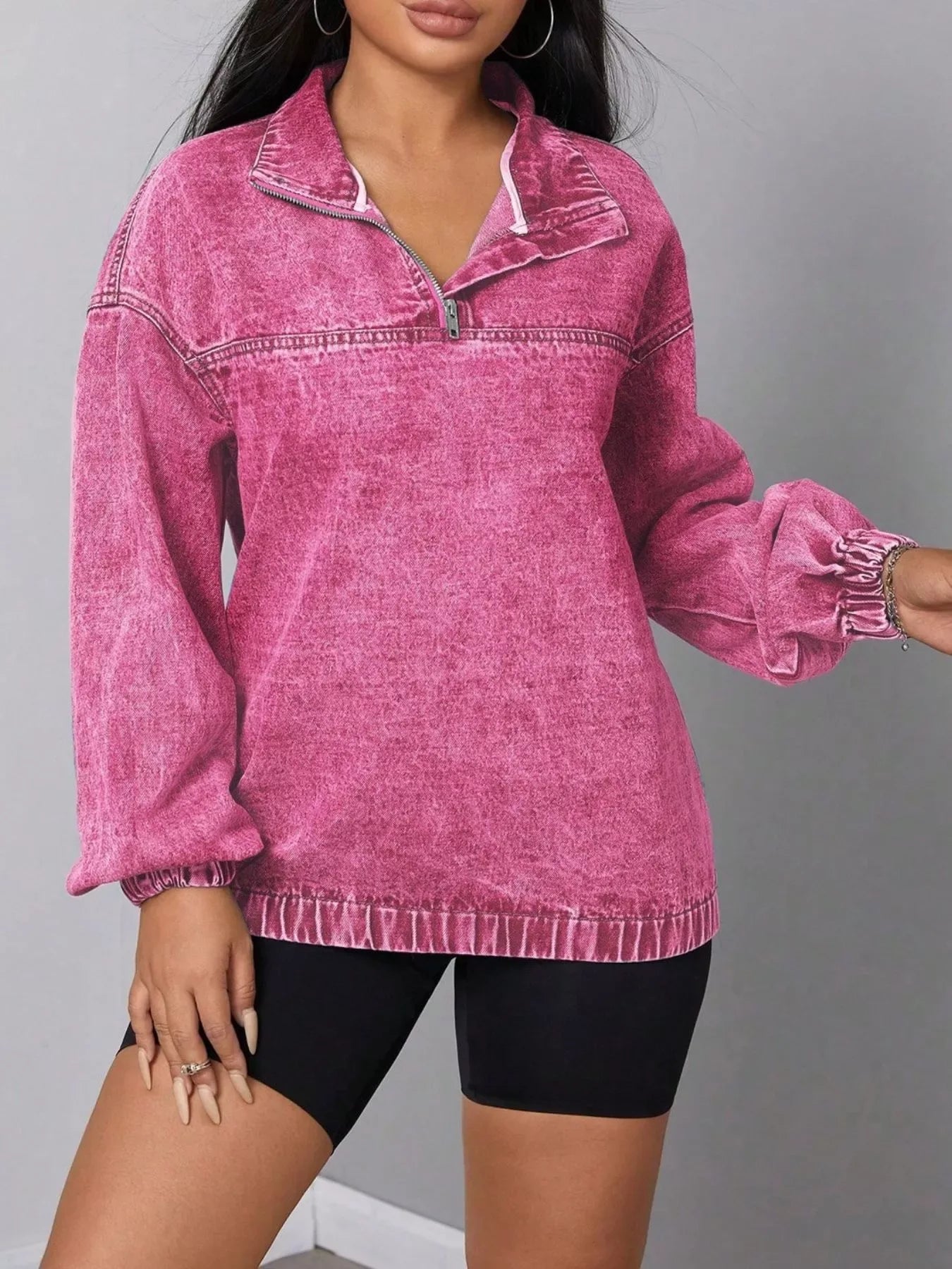 Zip Collar Long Sleeve Denim Top - Makw Official Site