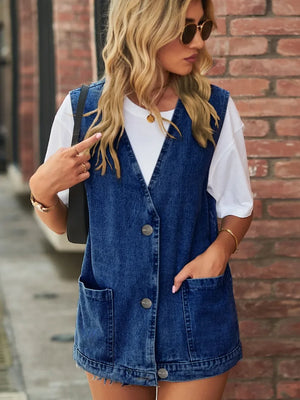 Full Size V-Neck Button Up Denim Vest - Makw Official Site