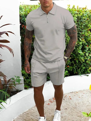 Men's Full Size Collared Neck Short Sleeve Top and Shorts Set Plus Size - Makw Official Site