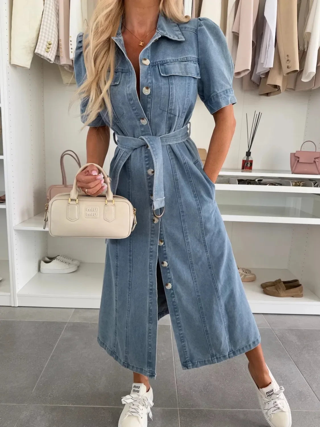 Puff Sleeve Button Down Belted Denim Midi Dress - Makw Official Site