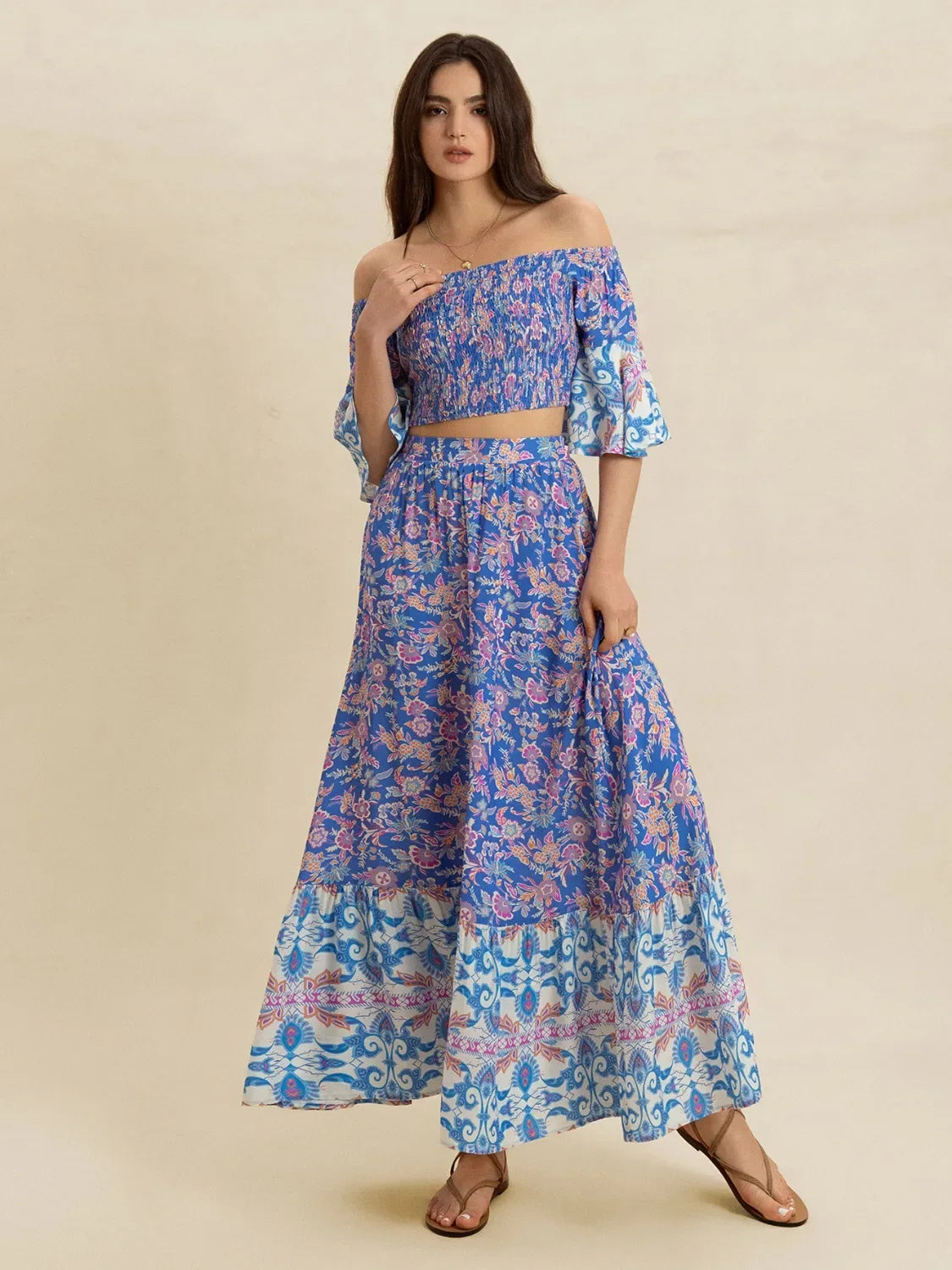 Smocked Off-Shoulder Printed Top and Skirt Set - Makw Official Site
