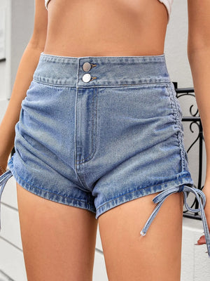 Ruched Side Drawstring Denim Shorts - Makw Official Site