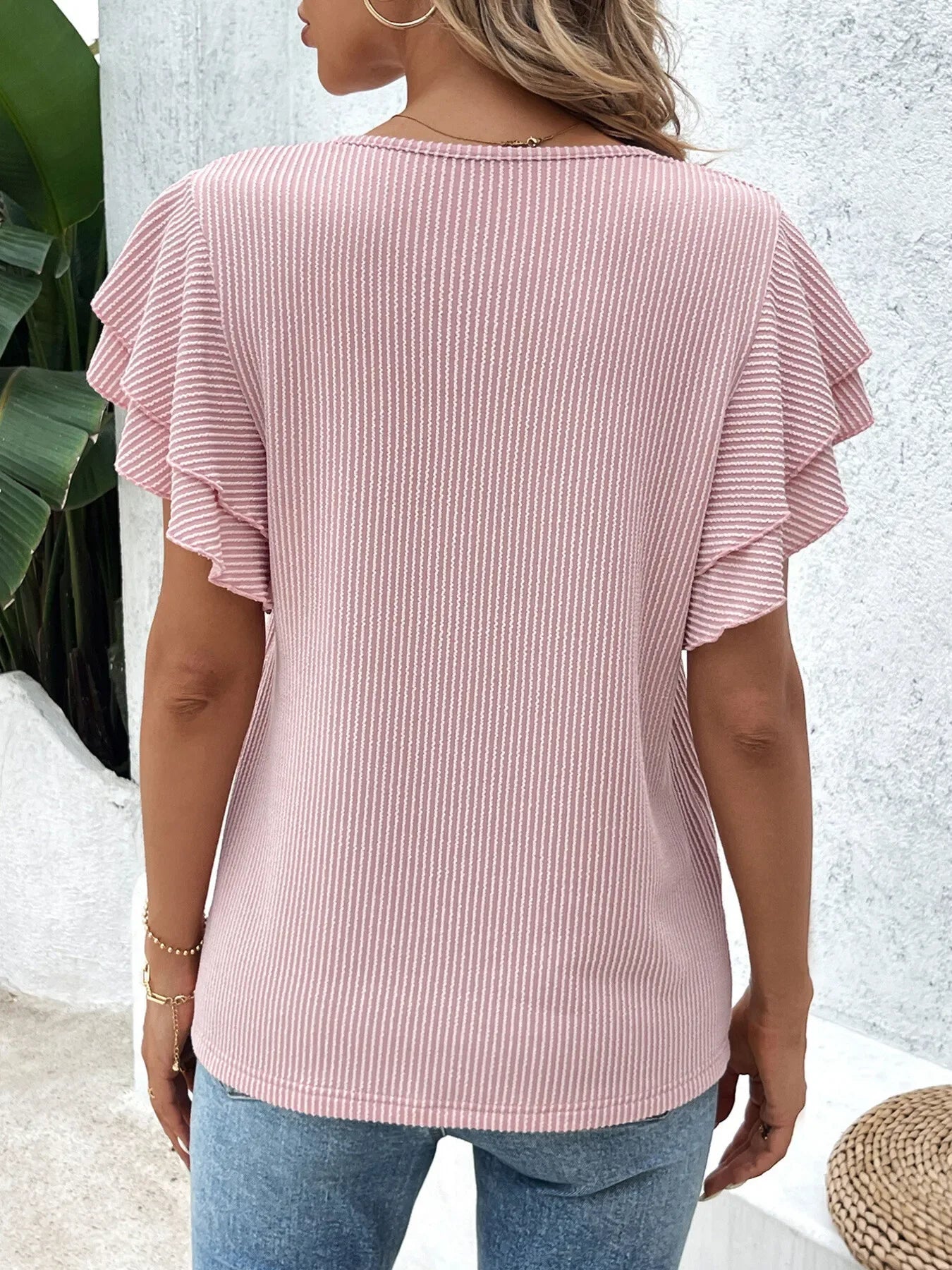 Ribbed Flutter Sleeve T-Shirt - Makw Official Site