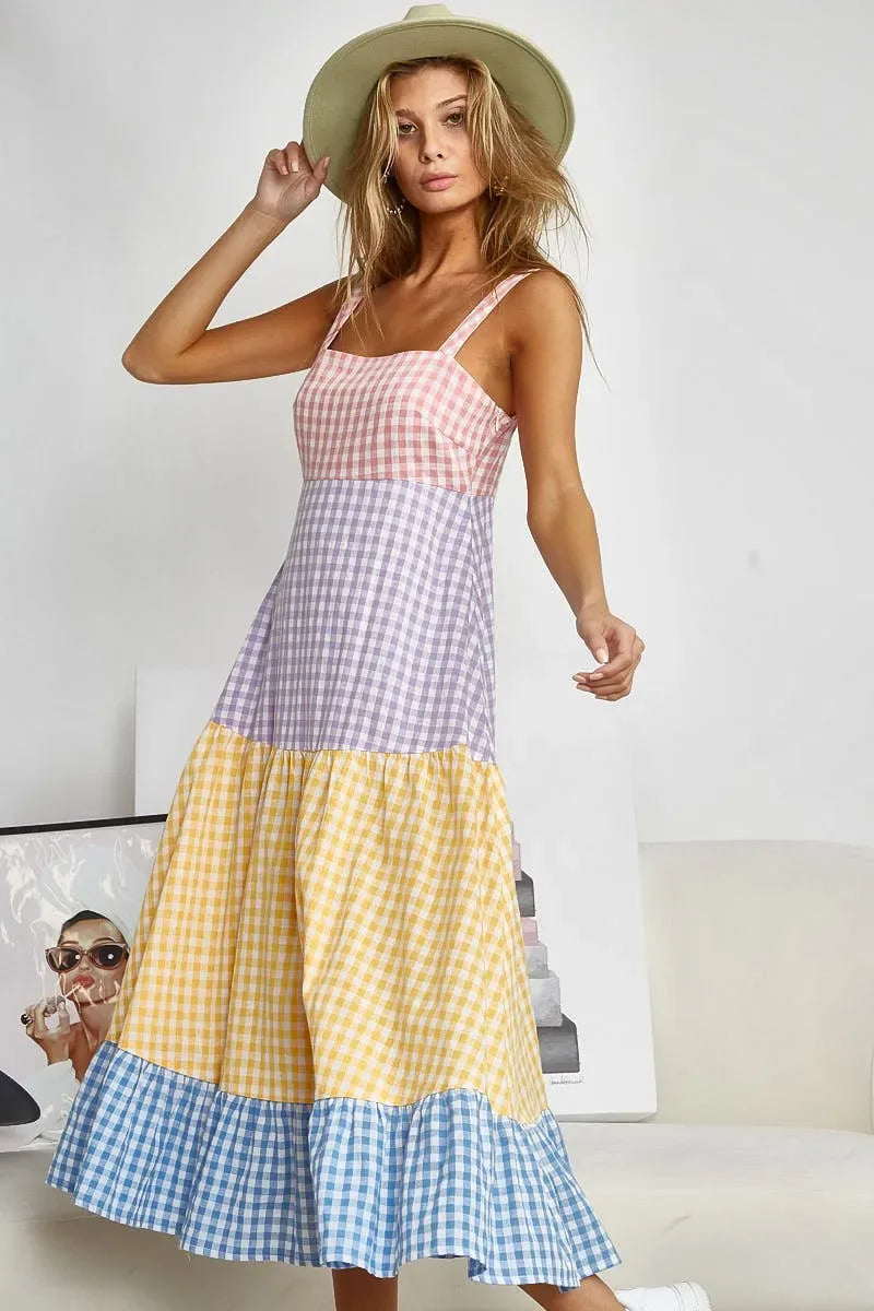BiBi Color Block Tiered Gingham Dress - Makw Official Site