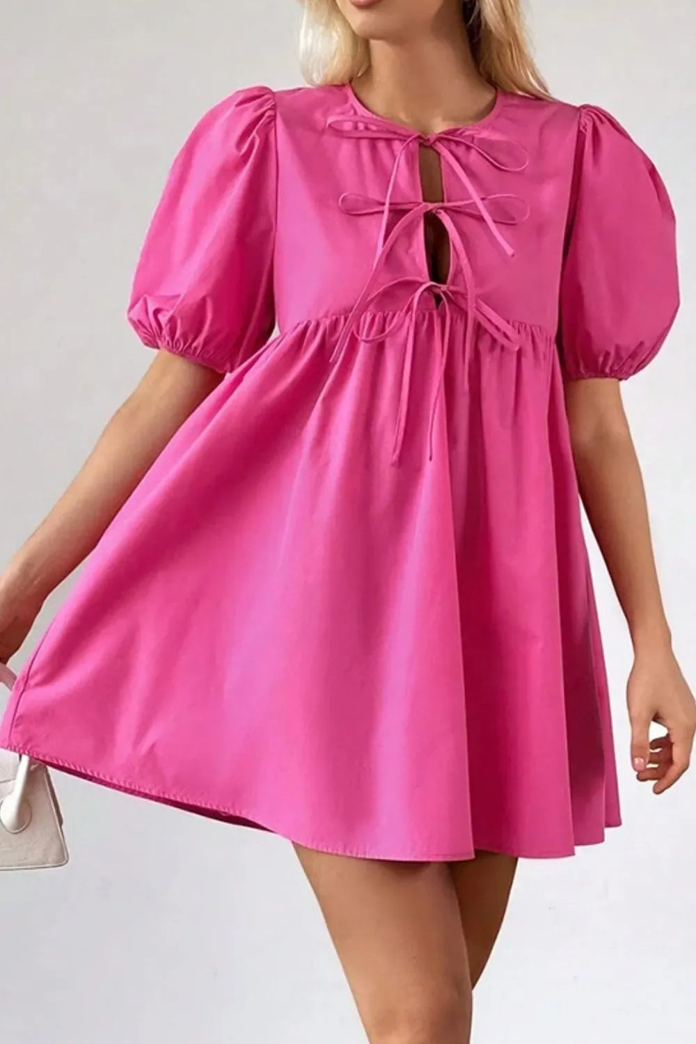 Puff Sleeve Tie Front High Waist Mini Dress - Makw Official Site