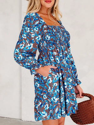 Smocked Bodice High Waist Ruffled Sleeve Floral Dress - Makw Official Site