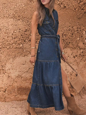 Button Front Sleeveless Denim Dress - Makw Official Site