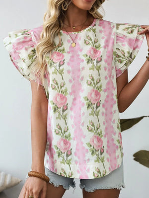 Floral Print Ruffled Sleeve Blouse - Makw Official Site