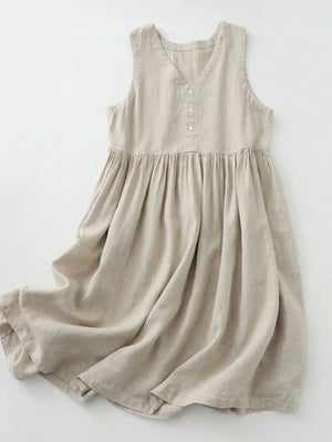 V-Neck Button Detail Sleeveless Midi Dress - Makw Official Site