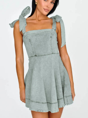 Bow-Shoulder Square Neck Denim Mini Dress - Makw Official Site