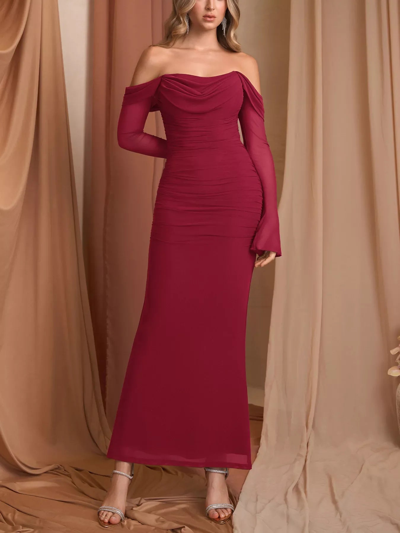 Off-Shoulder Ruched Mermaid Maxi Dress - Makw Official Site