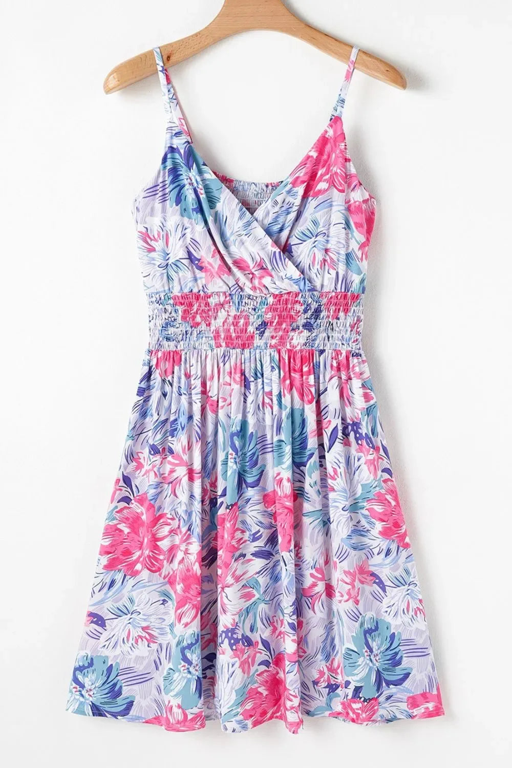 Floral Spaghetti Strap Surplice Neck Shirred Waist Mini Dress - Makw Official Site