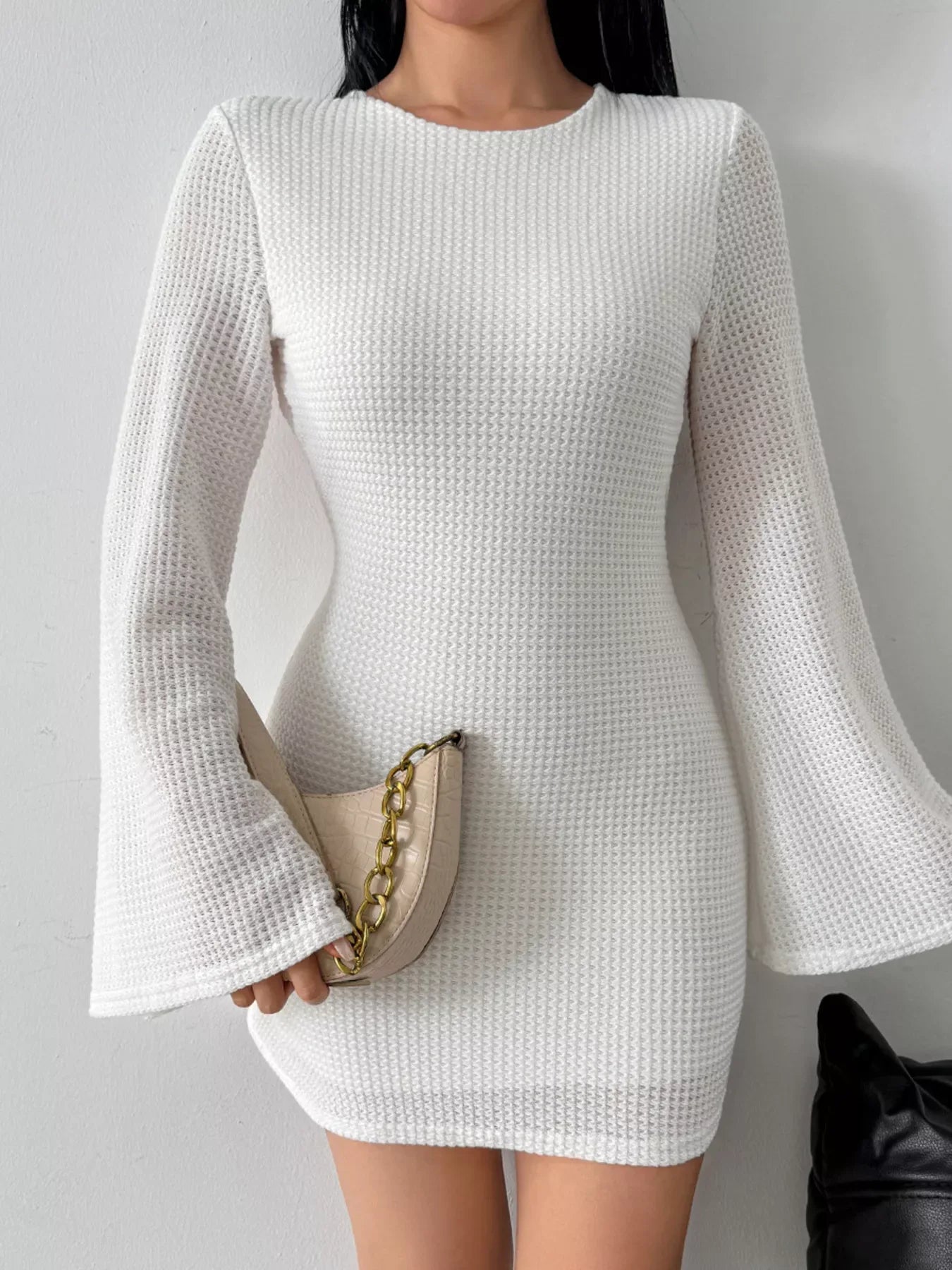 Backless Waffle Knit Flare Sleeve Mini Dress - Makw Official Site