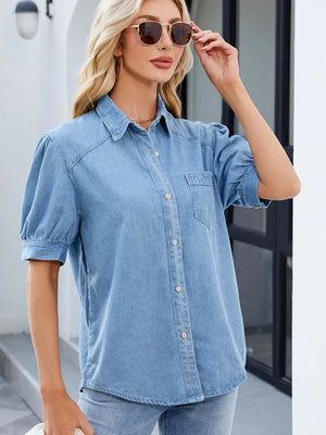 Collared Neck Button Up Denim Shirt - Makw Official Site