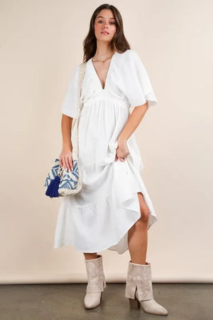 VERY J Mineral Washed Elastic Neck Detail Midi Dress - Makw Official Site