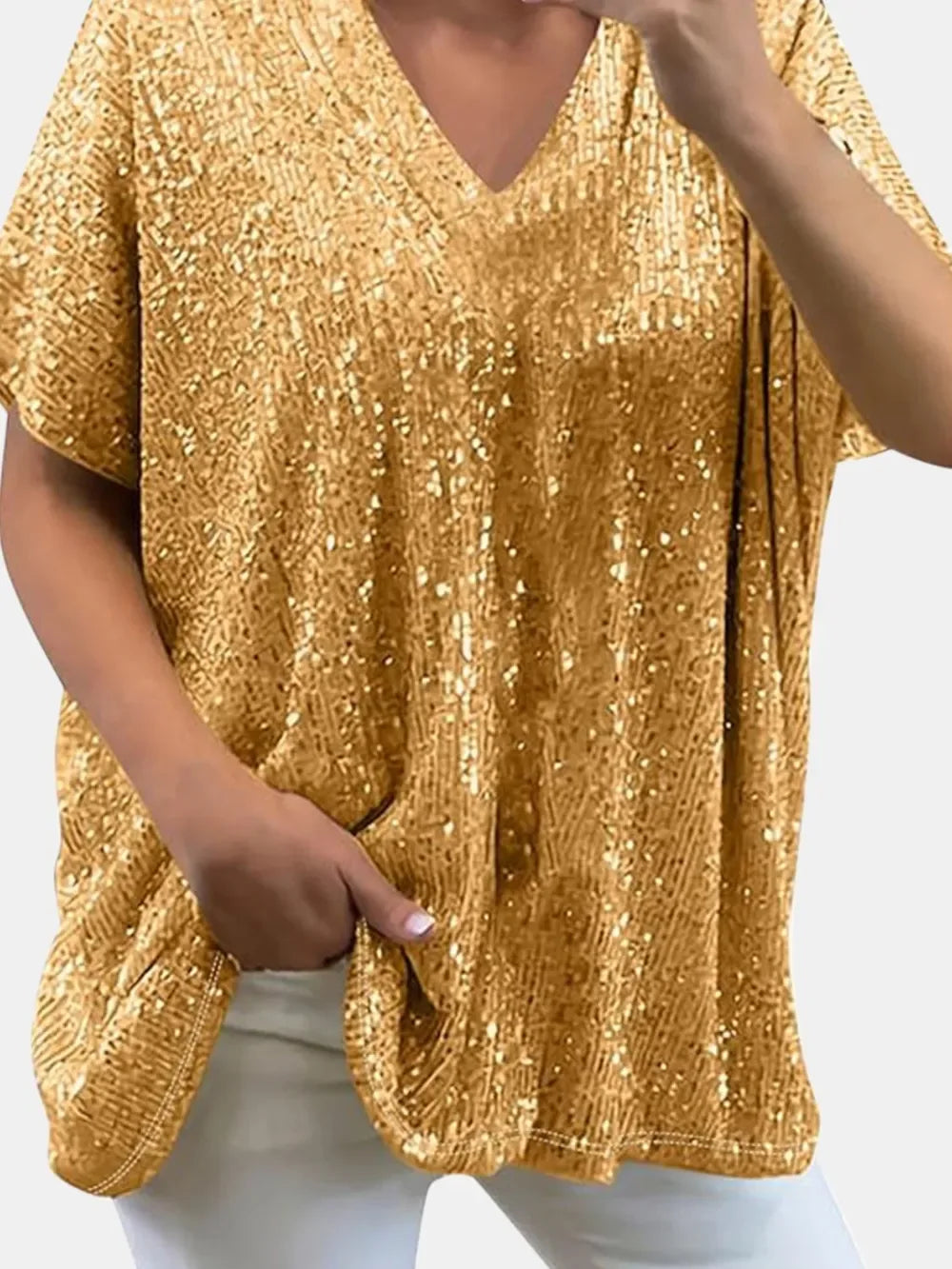 Full Size Sequin V-Neck Short Sleeve Top - Makw Official Site
