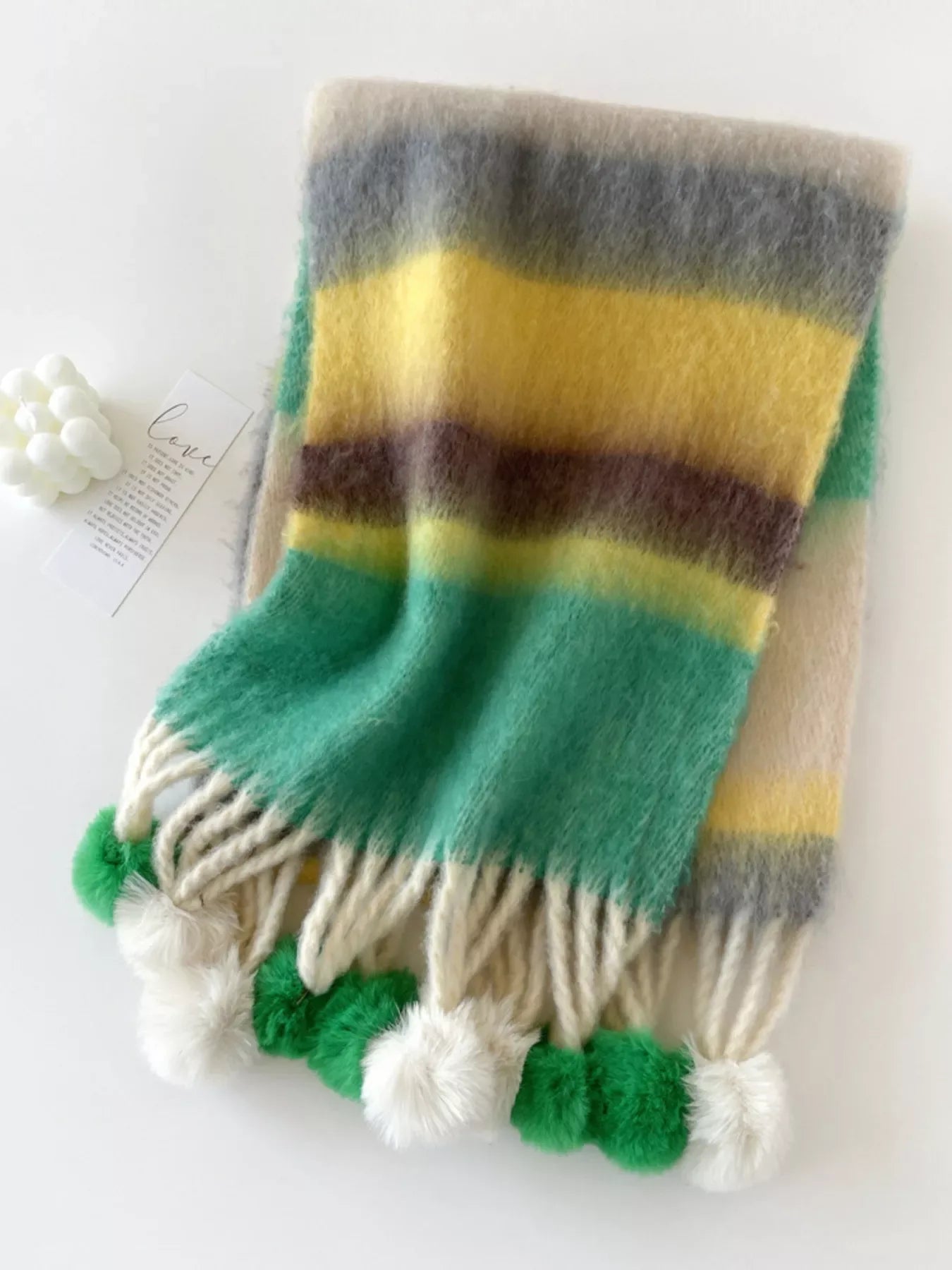 Rainbow Striped Fuzzy Scarf with Pom-Poms - Makw Official Site