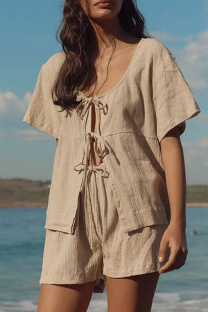 Plaid Tied Scoop Neck Short Sleeve Top and Drawstring Shorts Set - Makw Official Site