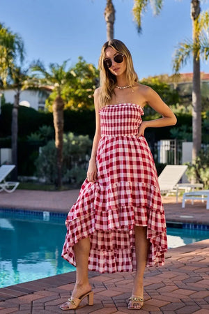 BiBi Smocked Body Off Shoulder Check Dress - Makw Official Site