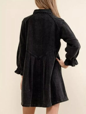 Ruffled Cuff Button-Down Denim Dress - Makw Official Site