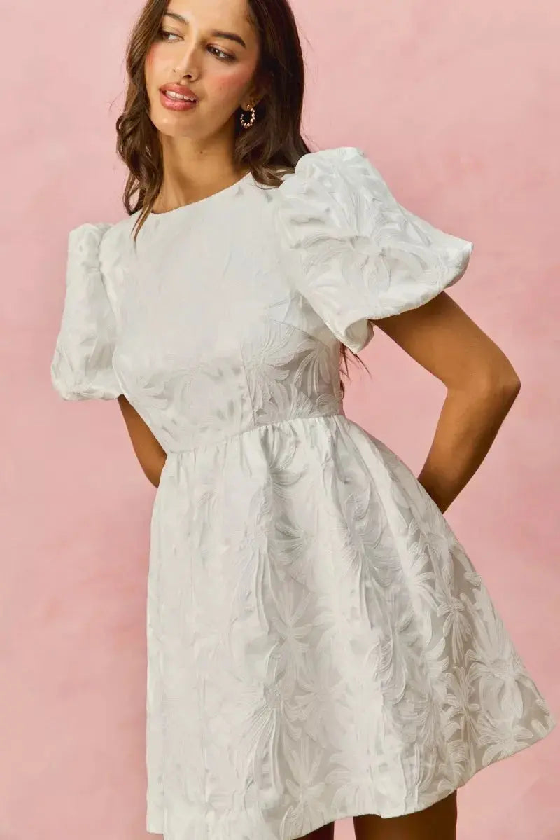 SO ME Floral Jacquard Bubble Shorts Sleeves Mini Dress - Makw Official Site