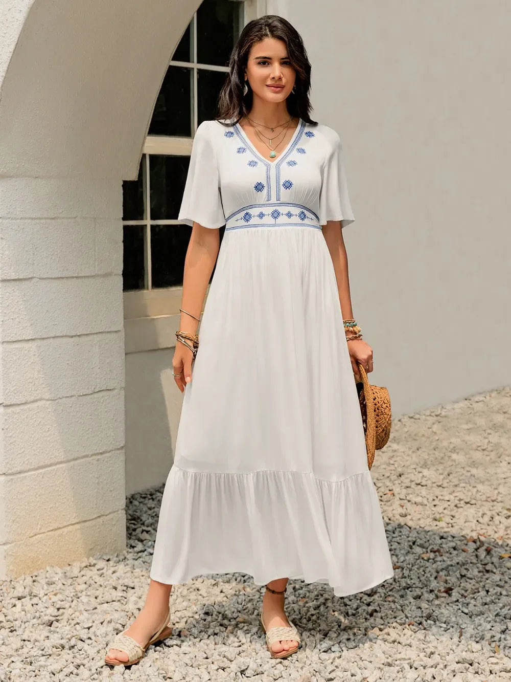 Ruffled Hem V-Neck Flutter Sleeve Dress - Makw Official Site