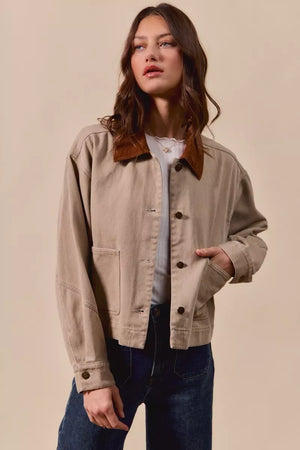 SO ME Cotton Twill Cropped Barn Jacket wtih Collar - Makw Official Site
