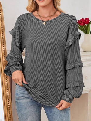 Ruffled Round Neck Long Sleeve Sweatshirt - Makw Official Site