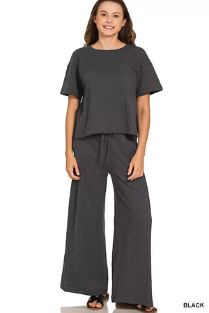 Zenana Cotton Slub Short Sleeve Tee and Pants Set - Makw Official Site