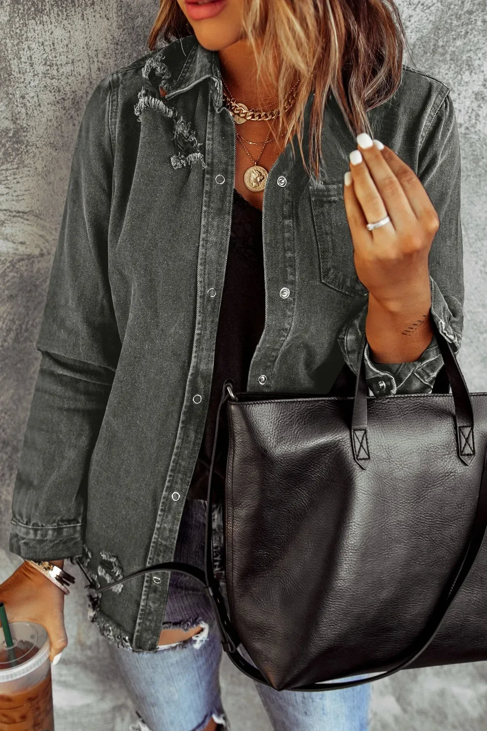 Distressed Raw Hem Snap Down Denim Jacket - Makw Official Site