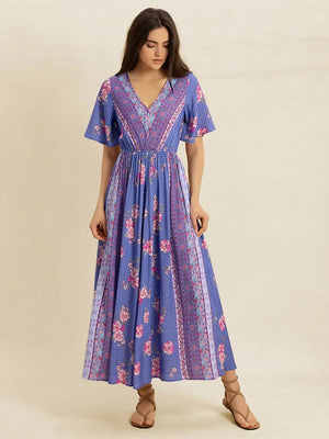 Printed Short Sleeve Midi Dress - Makw Official Site