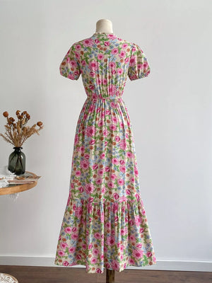 Floral Print V-Neck Puff Sleeve Dress - Makw Official Site