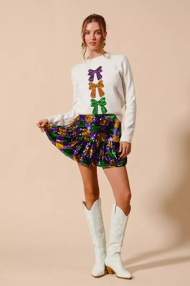 SO ME Mardi Gras Checker Sequins Mini Skirt - Makw Official Site