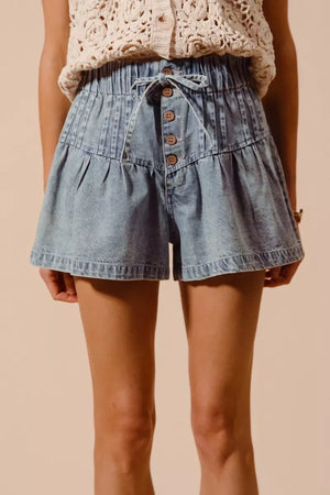 SO ME Flared Denim Shorts with Elasticized Waist - Makw Official Site