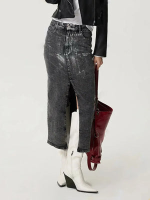 Slit Midi Denim Skirt with Pockets - Makw Official Site