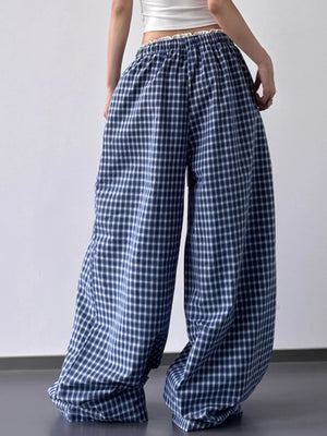 Drawstring Plaid Wide Leg Pants - Makw Official Site