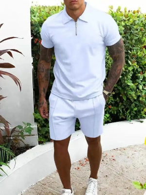 Men's Full Size Collared Neck Short Sleeve Top and Shorts Set Plus Size - Makw Official Site