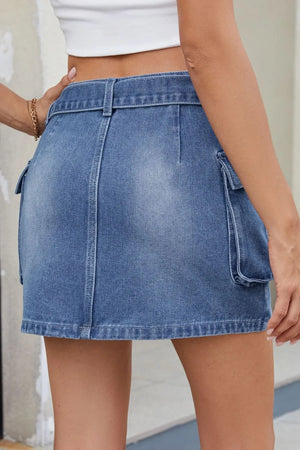 Criss-Cross Waist Detail Denim Mini Skirt - Makw Official Site
