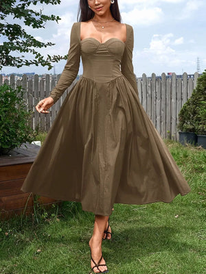 Sweetheart Neckline Long Sleeve A-Line Midi Dress - Makw Official Site