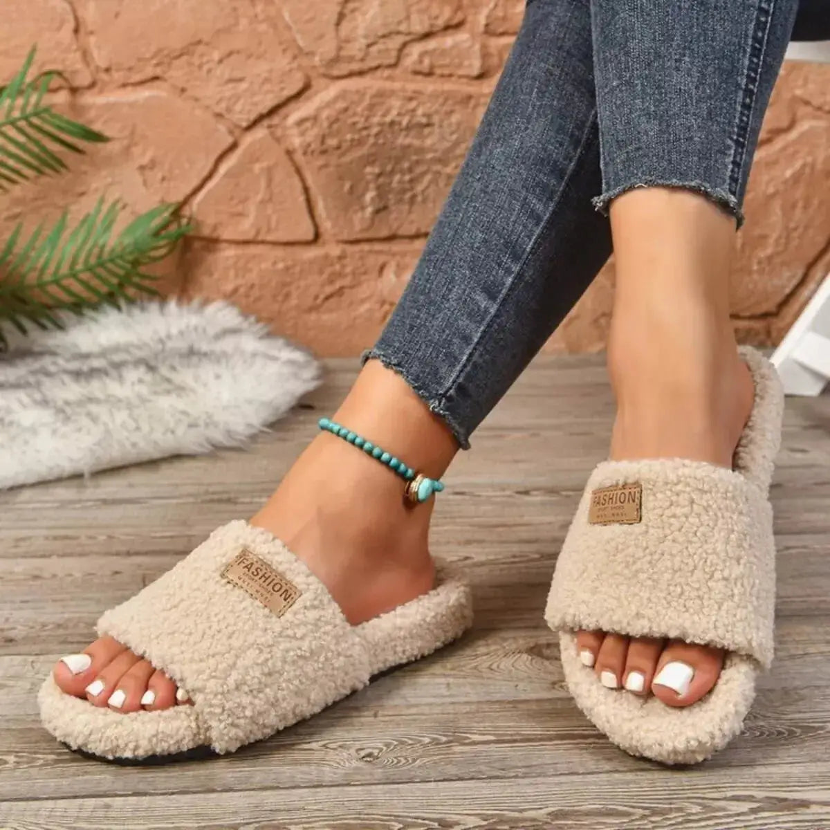 Fuzzy Open Toe Slippers - Makw Official Site
